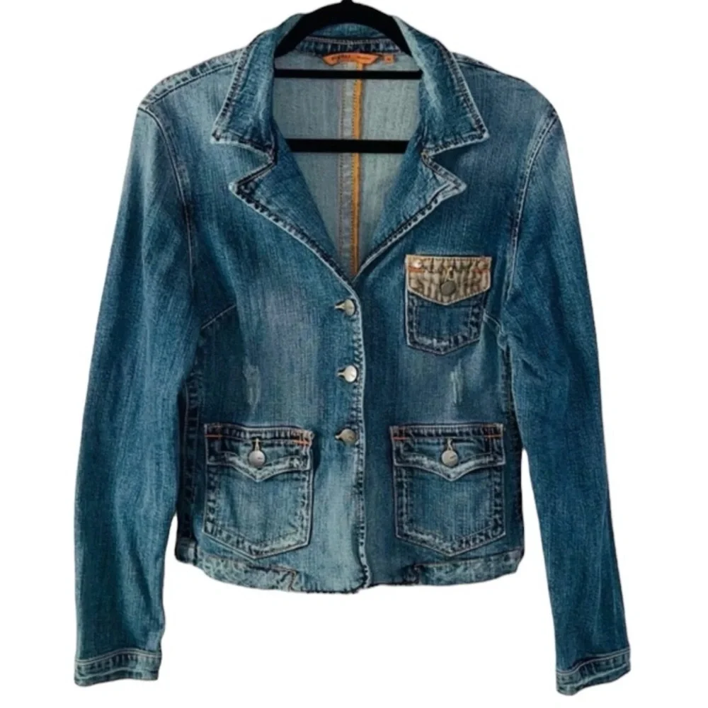 Vigoss Jeans Distressed Corduroy Patches Blue and Tan Utility‎ Denim Jean Jacket